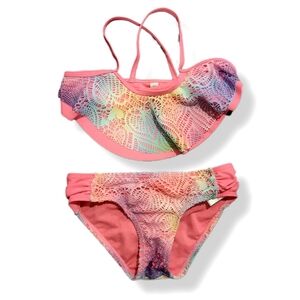 Limited Too Ombre Rainbow Bikini Crochet Lace Ruffled Crossover Pink Swimsuit